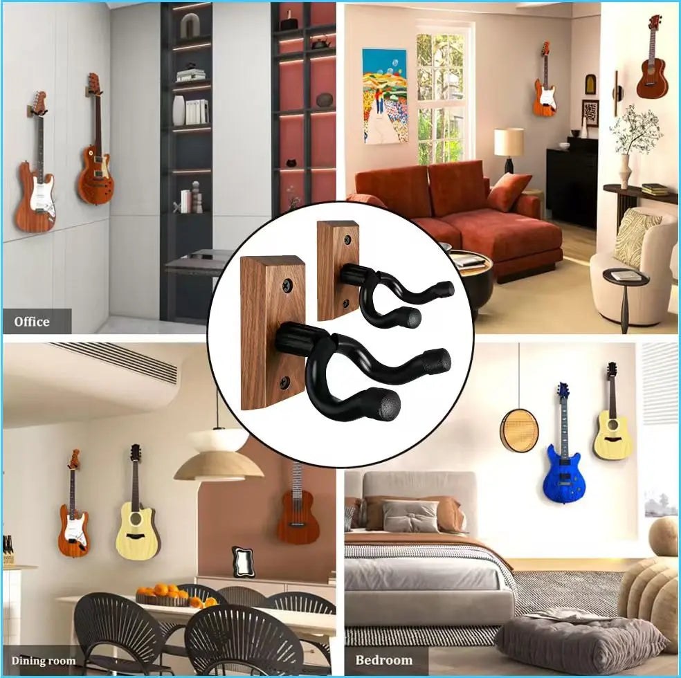 A collection of various stringed instruments including guitars and ukuleles are displayed on a modern wall mount in an office