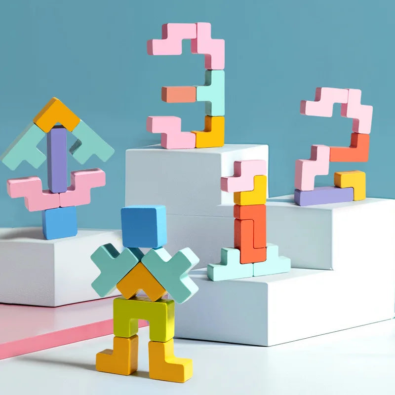 A colorful wooden geometric shape puzzle featuring interlocking blocks in pink, yellow, green, and blue stacked on white bloc