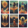 A collection of nine tarot cards featuring mystical imagery, including celestial bodies, figures, and symbolic scenes.