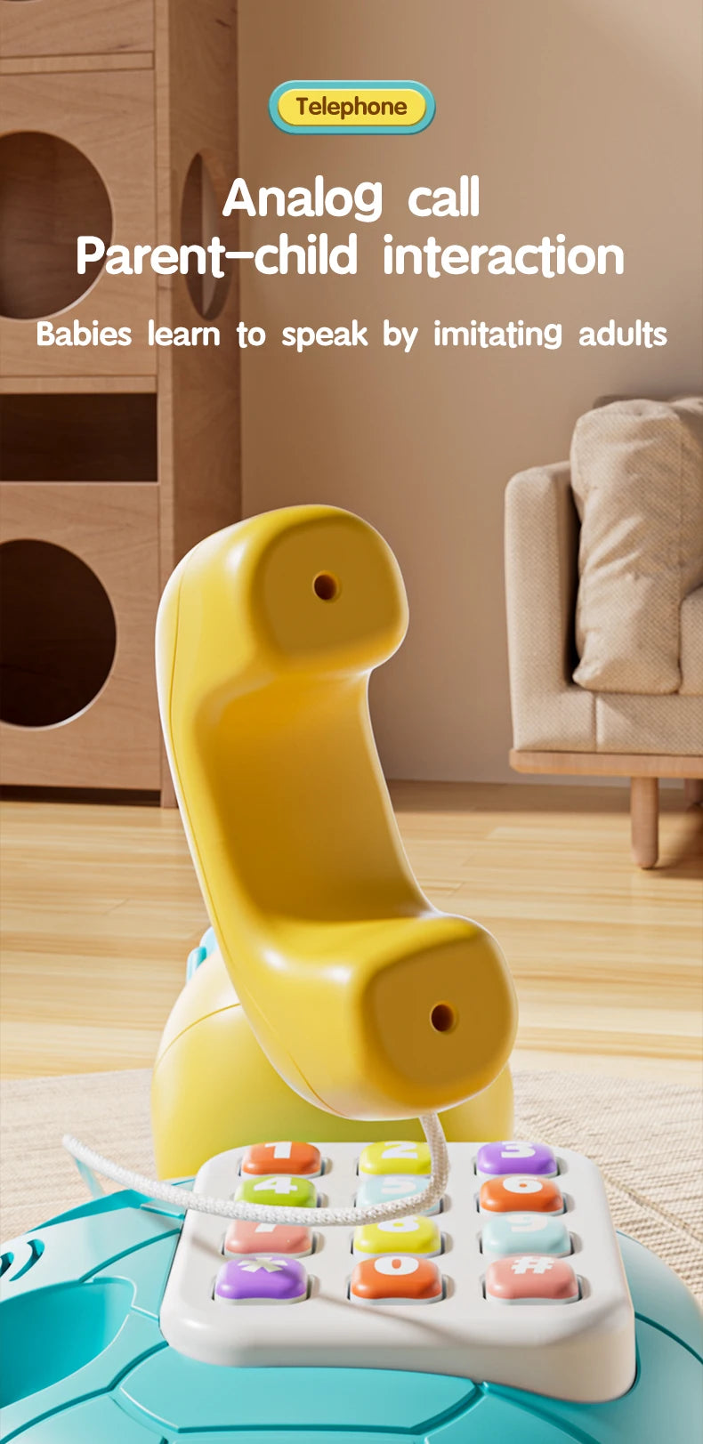 A yellow musical crawling turtle toy is shown with a phone attachment, designed for parent-child interaction.