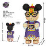 A detailed building block kit of a bear character with large eyes and purple clothing.