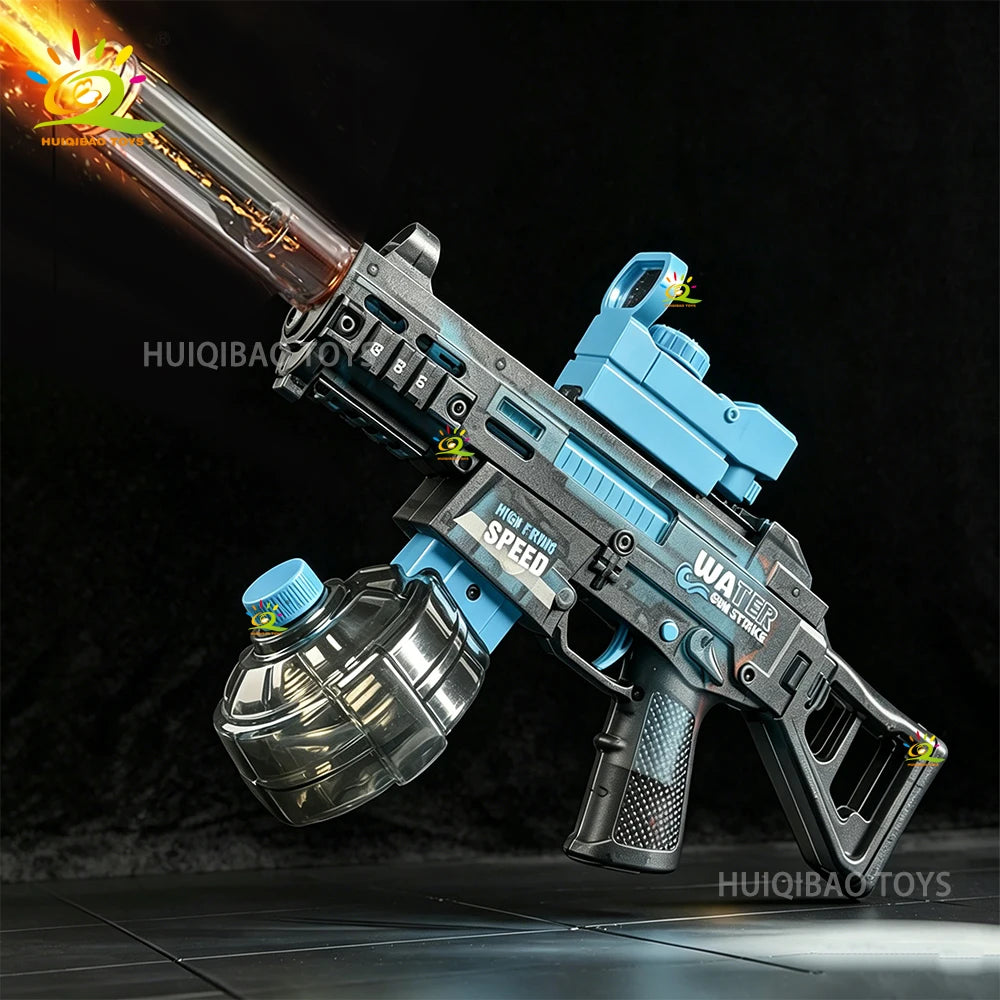 A blue automatic electric UMP45 water blaster is shown firing a stream of water against a dark background.