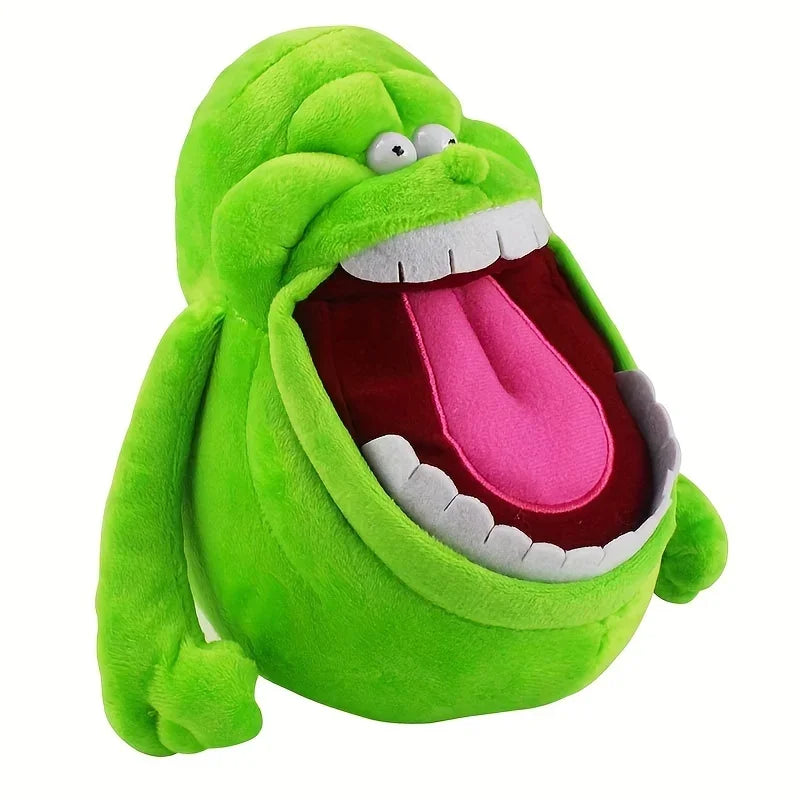 A bright green plush toy of a monster with an open mouth showing teeth and pink tongue.