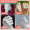 A collection of white plaster casts showing hand and foot prints for various keepsakes like lovers, babies, friends, and fami