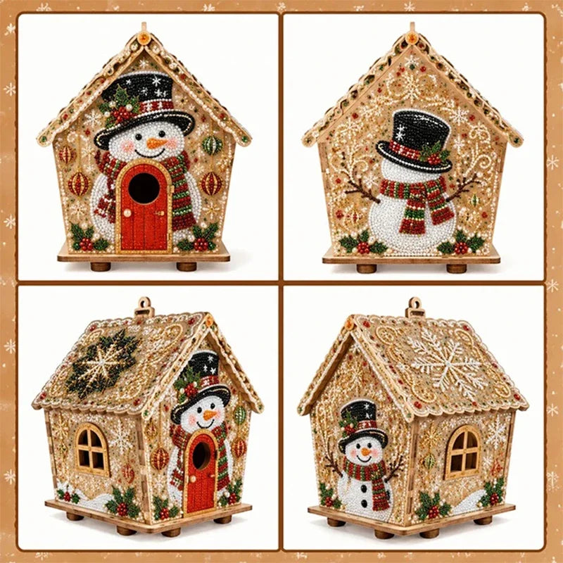 DIY pearl art Christmas cottage ornament kit featuring decorative wooden houses with festive winter scenes