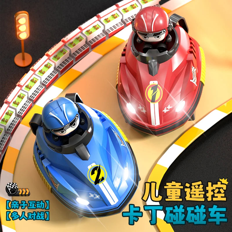 A red and blue remote control battle car toy set with a driver figure on a track.