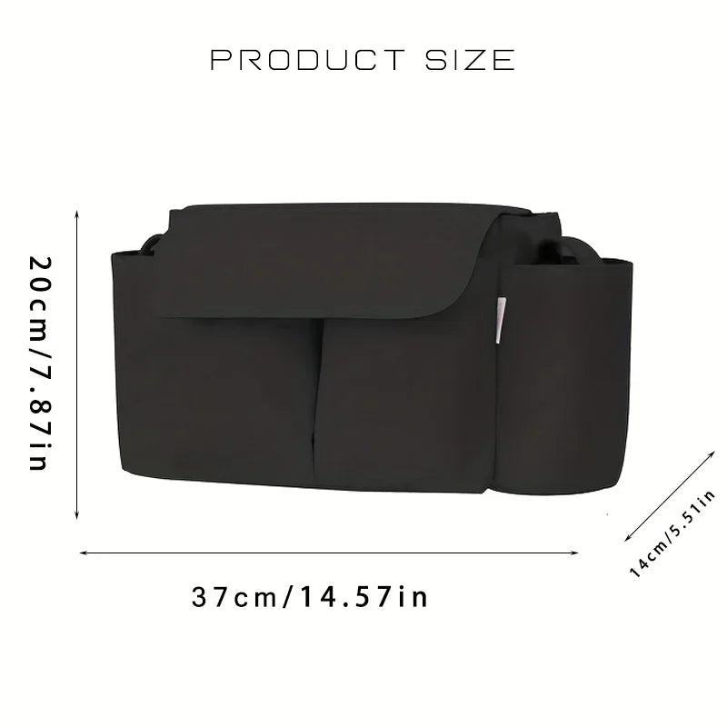 A black large capacity stroller organizer bag shown with dimensions of 20cm x 37cm.