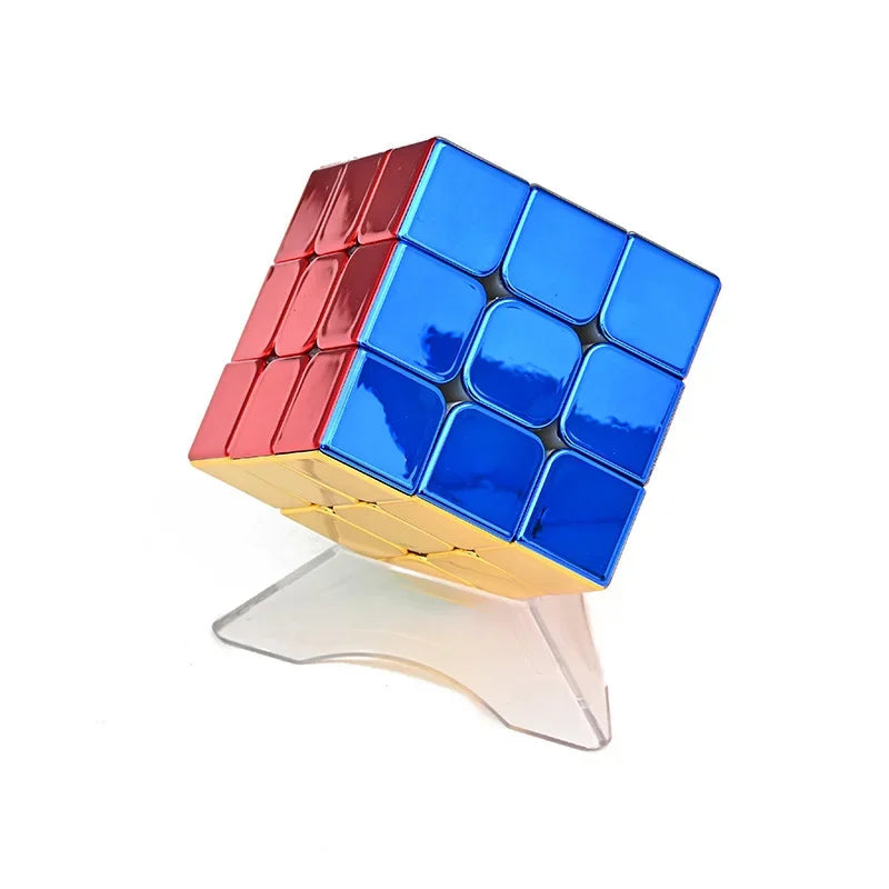 A magnetic 3x3 speed cube with red and blue stickers, resting on a clear stand.
