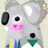A watercolor painting of a gray bird or animal face with large eyes and colorful paint splatters.
