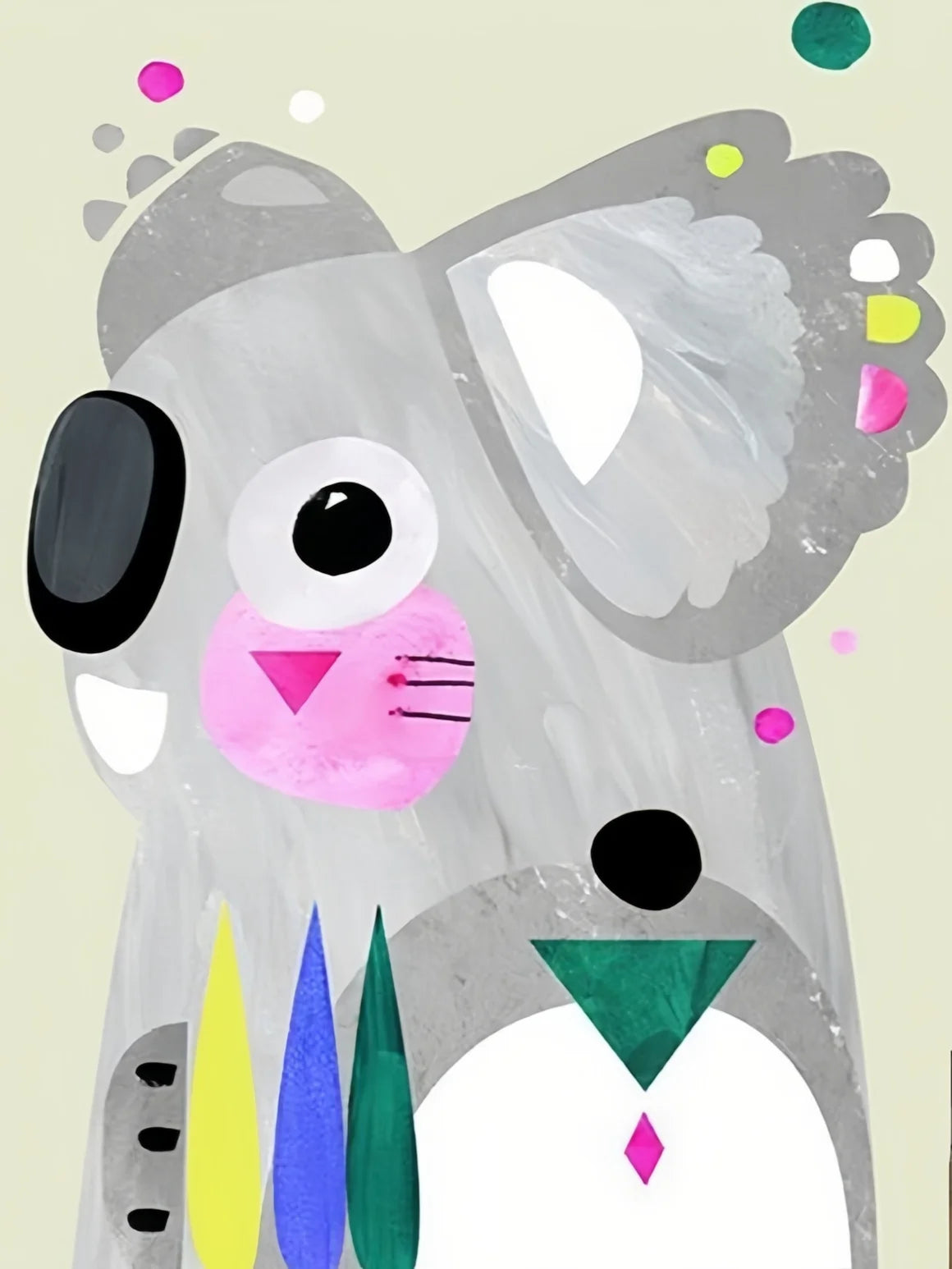 A watercolor painting of a gray bird or animal face with large eyes and colorful paint splatters.