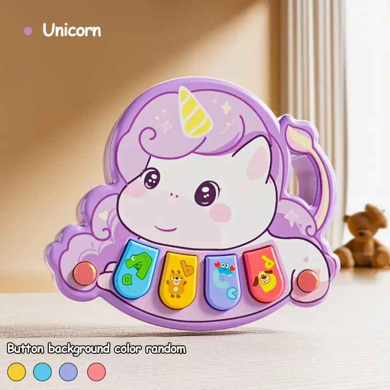 A purple unicorn-themed button background toy featuring a unicorn face and colorful animal buttons.