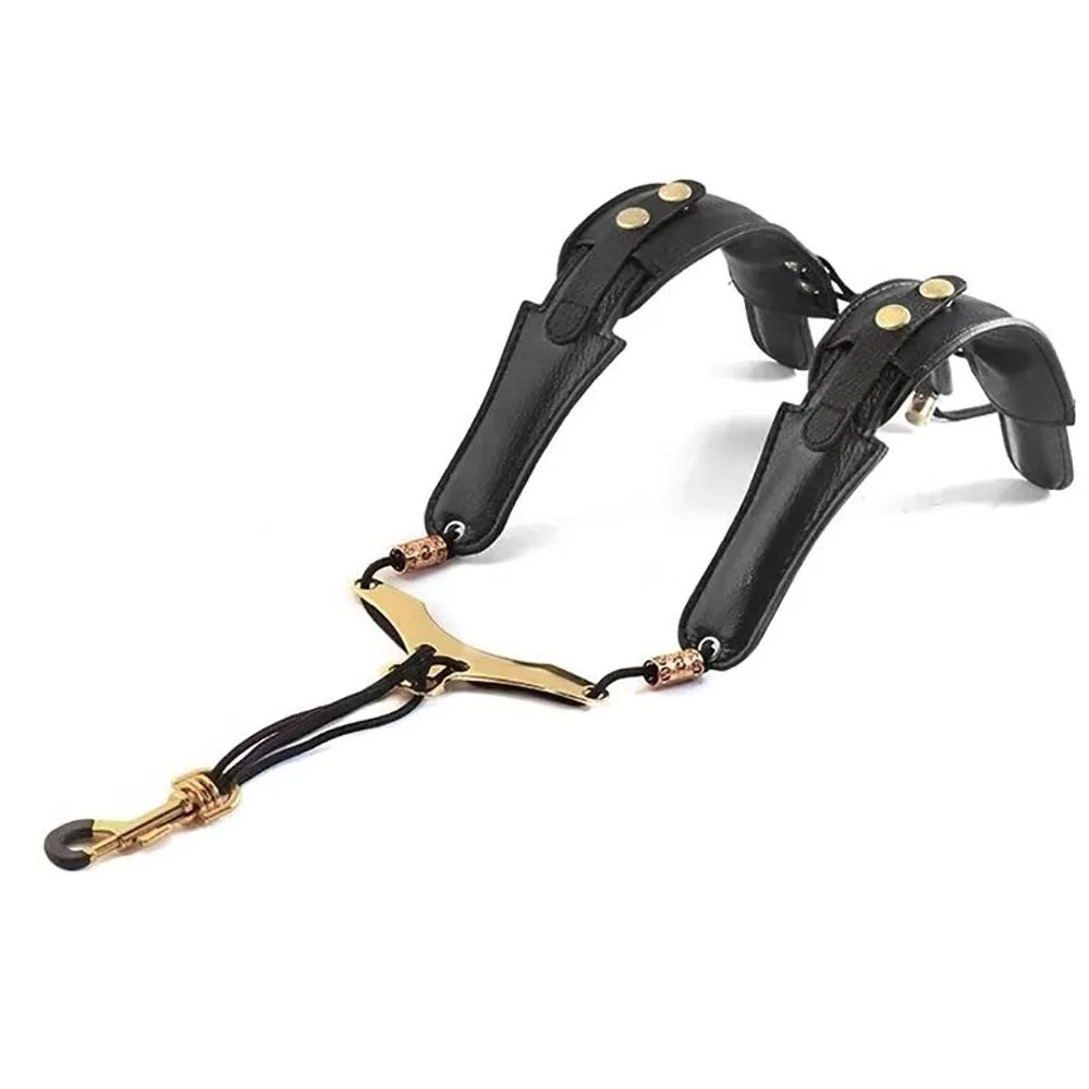 Black adjustable PU leather saxophone shoulder strap with gold accents