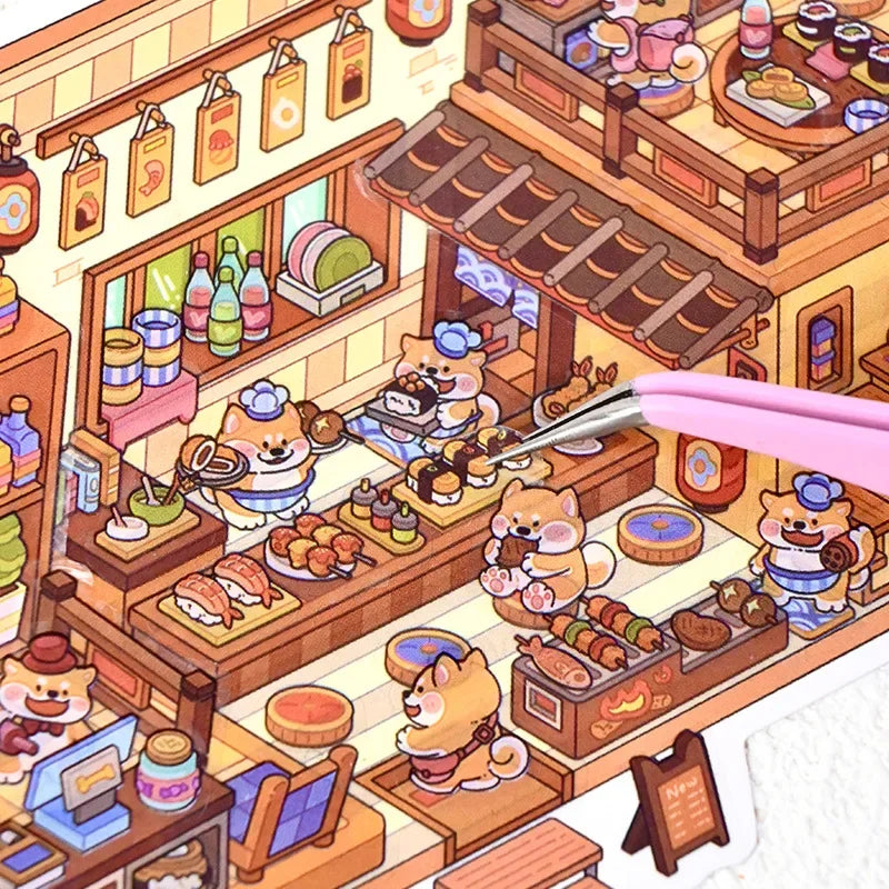 A sticker pack featuring whimsical cartoon penguins and dogs in an RV scene setting.