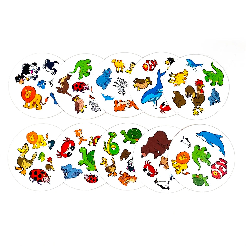 A collection of colorful animal figures in individual circular cards for a family fun card game.