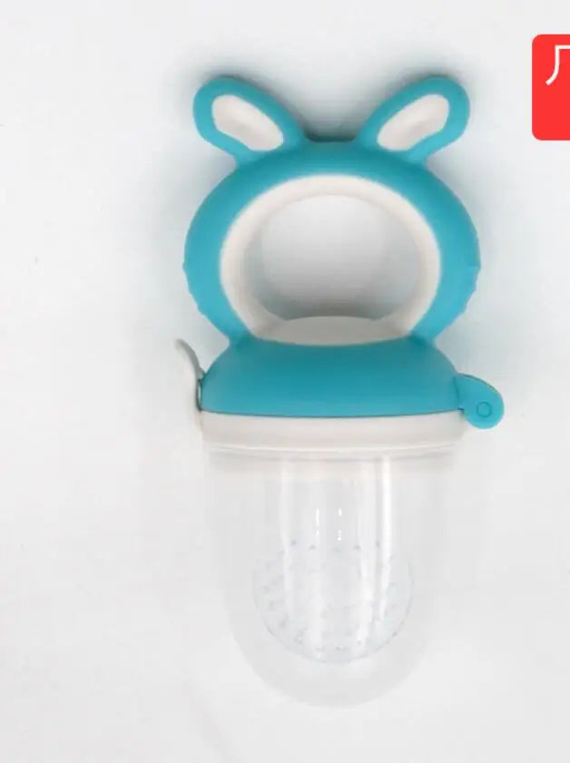 A silicone baby food feeder with a teether, featuring a light blue silicone top and a clear feeding tube.