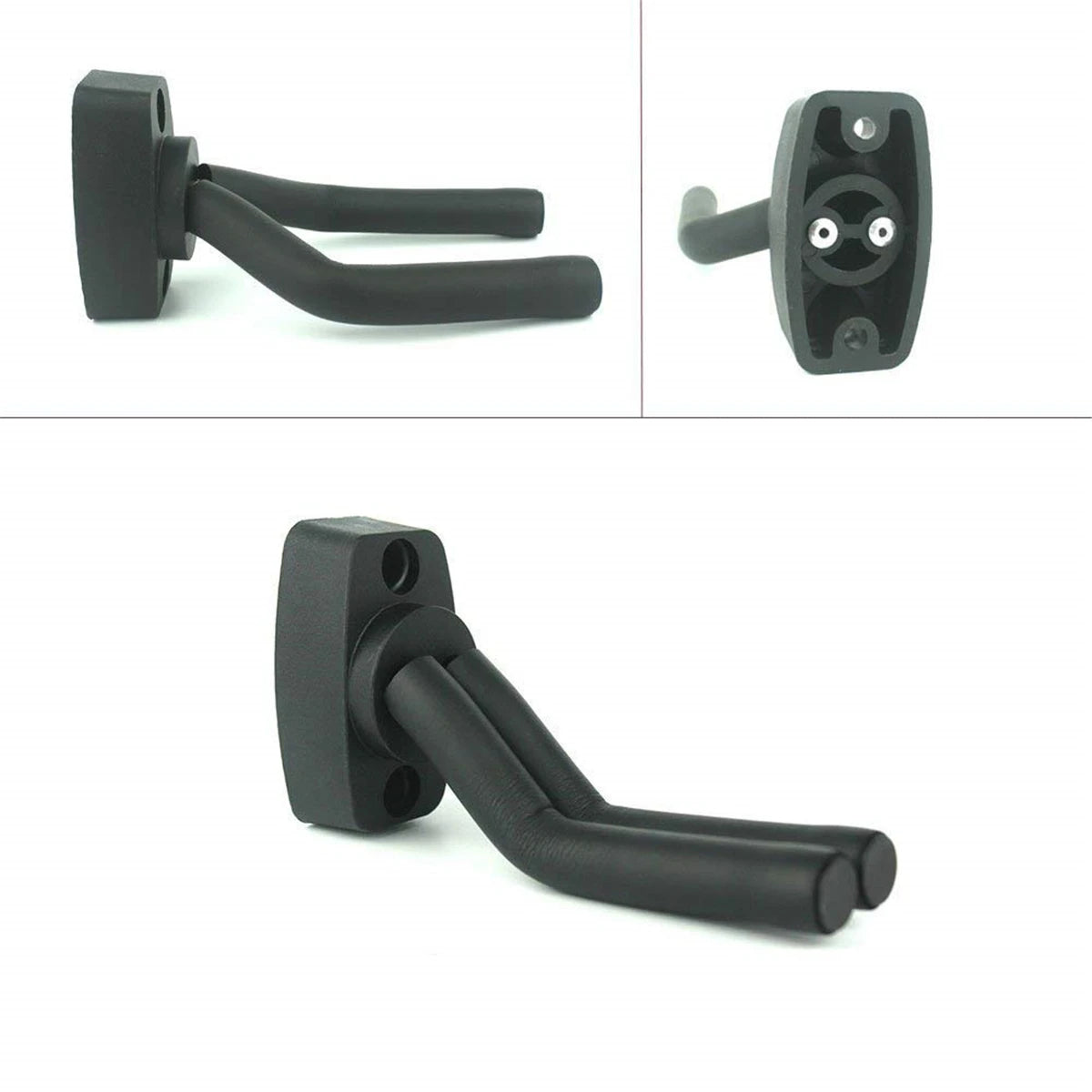 Black wall mount guitar hanger with a non-slip holder and mounting plate.