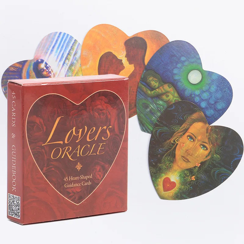 A box of Lovers Oracle Tarot cards and guidebook featuring heart-shaped cards with figures and celestial designs.