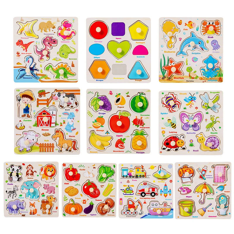 Toddler Wooden Puzzle Set - Animal, Traffic & Fruit Theme - Montessori Learning Toy