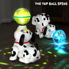 A white and black dalmatian toy with a glowing yellow ball is shown on a dark surface.