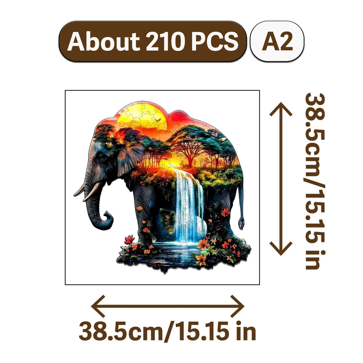 A jigsaw puzzle depicting an elephant with a waterfall in a forest setting.