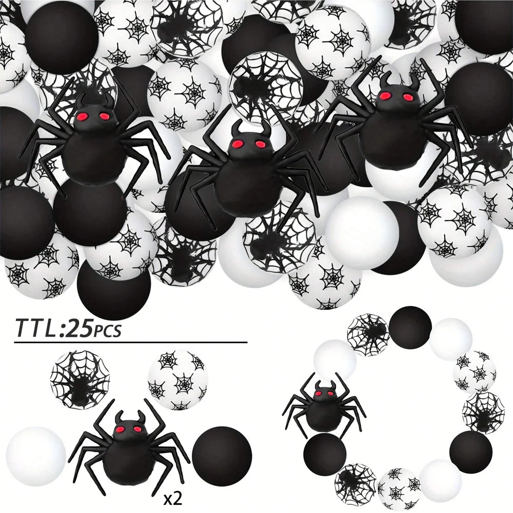 A set of 25 silicone beads featuring black and white spiders, skulls, and round shapes for jewelry and crafting.
