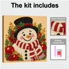 A kit for pearl diamond painting featuring a festive snowman design on a wooden frame with drilling accessories.