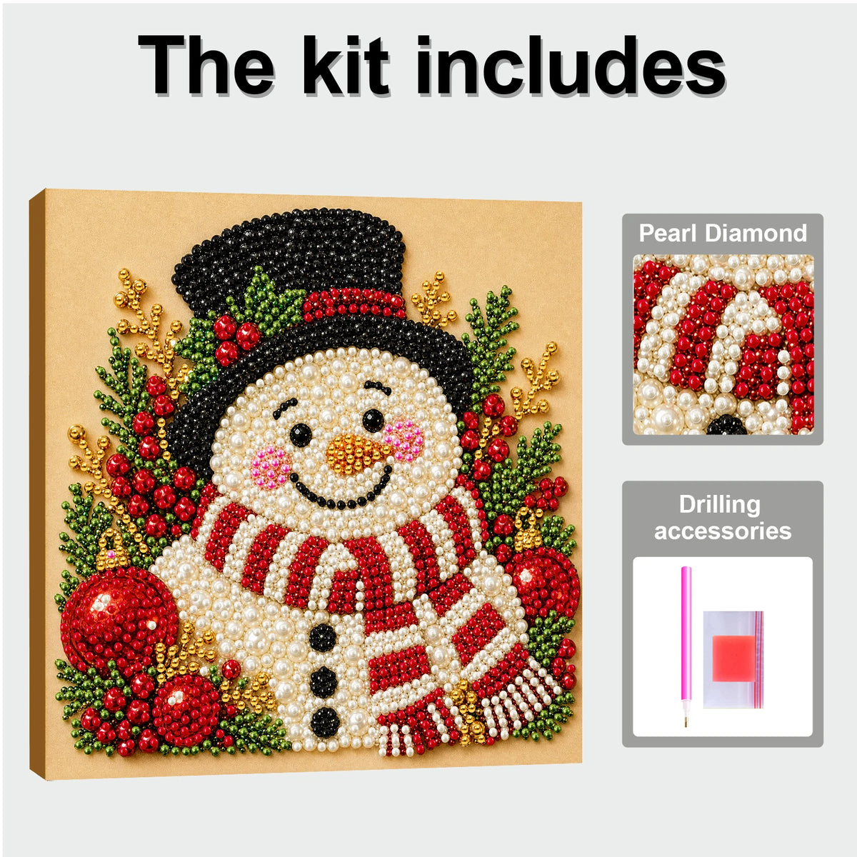 A kit for pearl diamond painting featuring a festive snowman design on a wooden frame with drilling accessories.