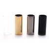 Three cylindrical guitar slide bars in gold, silver, and black metal and glass.