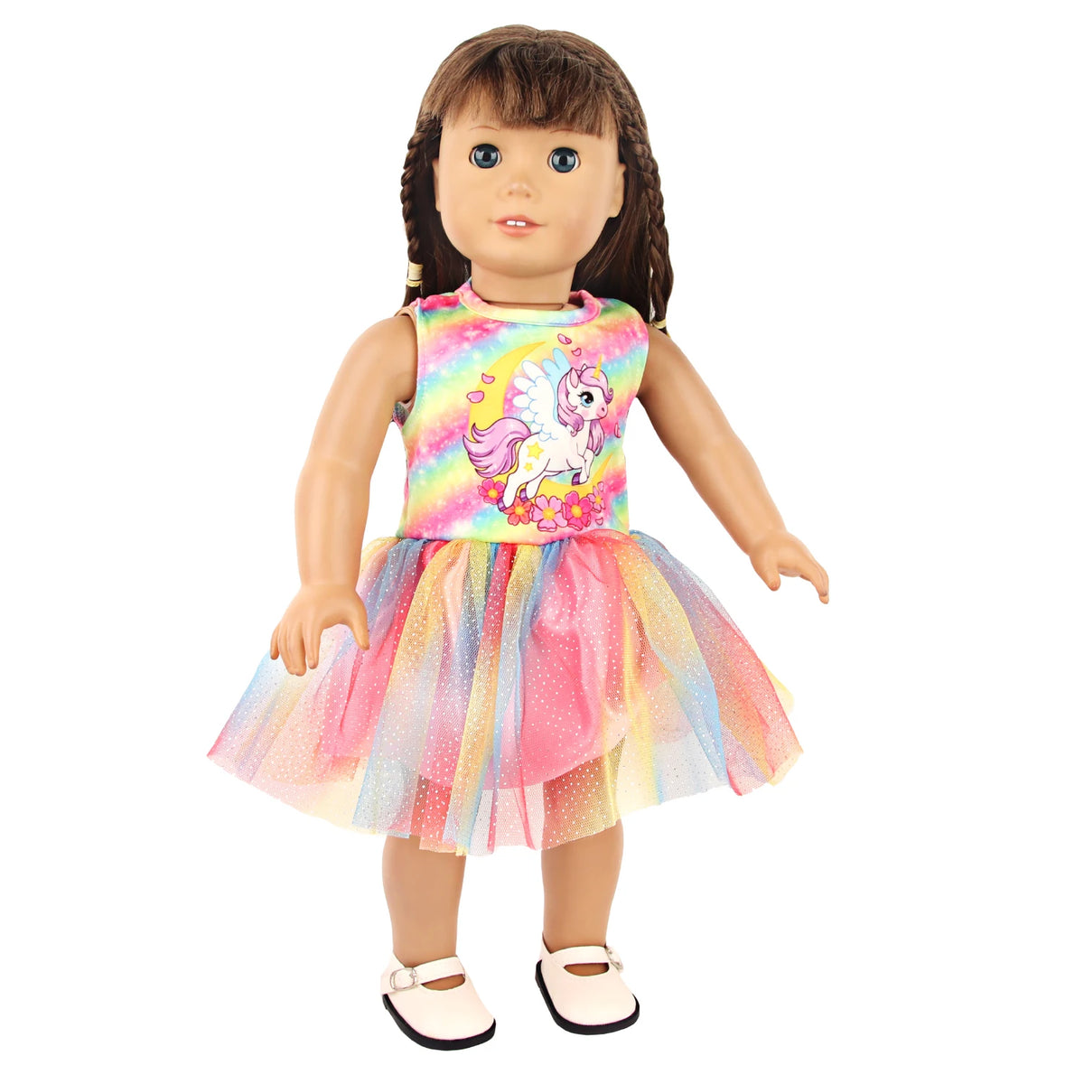 A doll wearing a colorful unicorn themed outfit featuring a pink top and a multi-colored tulle skirt.