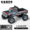 A black and red 1:64 scale alloy remote control monster truck with racing decals and off-road tires.