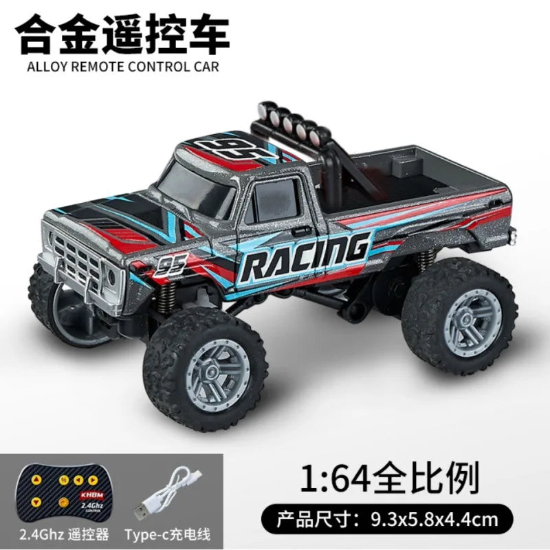 A black and red 1:64 scale alloy remote control monster truck with racing decals and off-road tires.