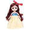 A 17cm articulated princess doll with long dark hair wearing a blue and yellow dress and a red bow.