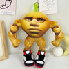 A golden-brown plush toy shaped like a shark head with large eyes and muscular arms, displayed against a white background.