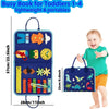 A blue fabric busy board for toddlers featuring various sensory activities and tools.