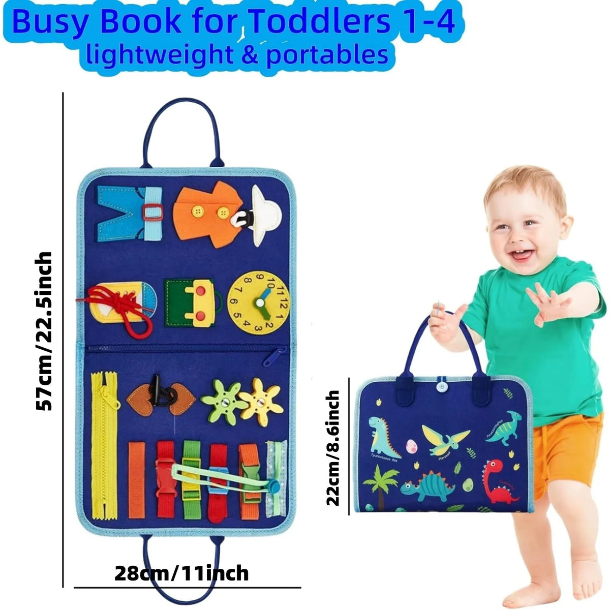 A blue fabric busy board for toddlers featuring various sensory activities and tools.