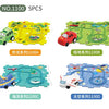 A set of five interlocking plastic railroad track pieces and various electric train models for children.