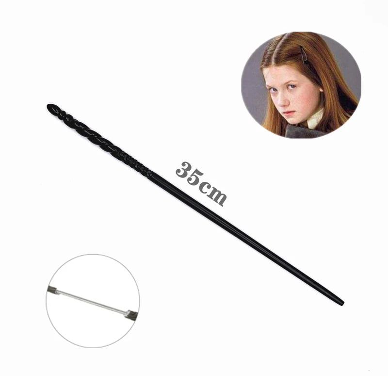 A long, black metal cosplay magic wand with a decorative handle and a small inset view.