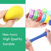 A hand holds a yellow modeling clay, and another shows a set of colorful clay tubes.
