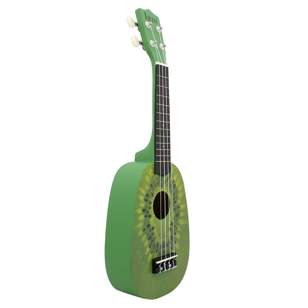 A green ukulele with a kiwi fruit design and a light-colored fretboard.