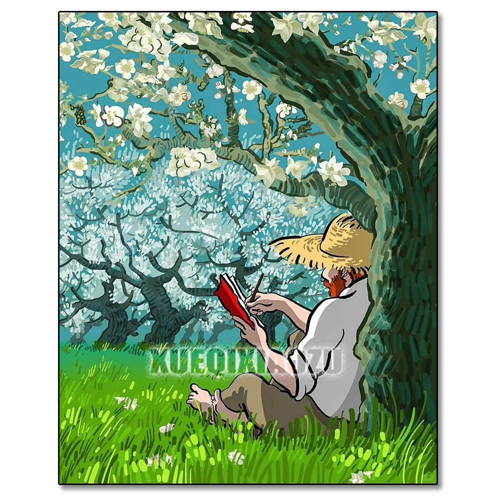 A painting kit depicting a tree with white blossoms and a person sitting in the grass under its shade.