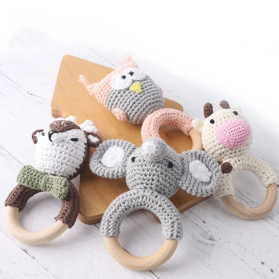 Crochet Bunny Rattle & Teether Toy with Wooden Ring