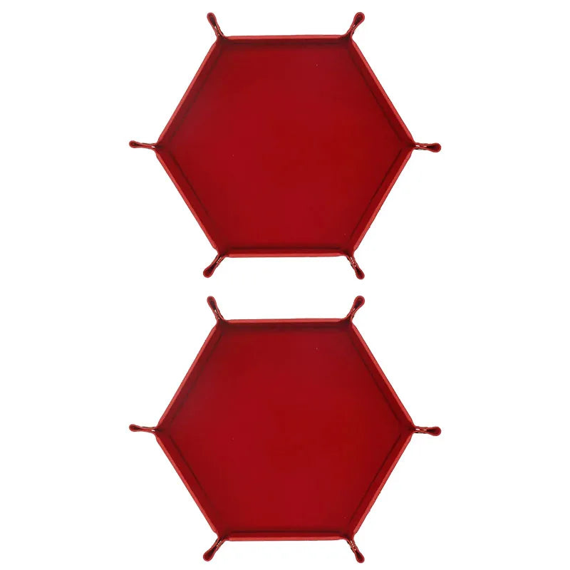 A red hexagonal foldable PU leather dice tray for tabletop games and desk organization.