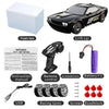 A high-speed 4WD drift RC car with its remote control, along with accessories like a foam box, instruction manual, and variou