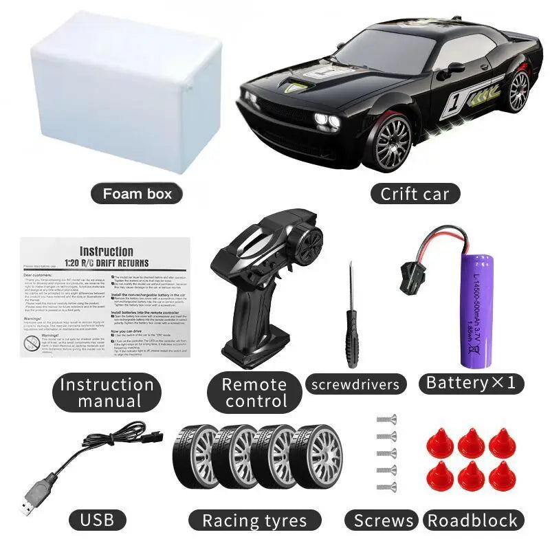 A high-speed 4WD drift RC car with its remote control, along with accessories like a foam box, instruction manual, and variou