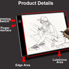 A drawing copy pad with a screen showing a person drawing, highlighting the dimming switch, power interface, edge area, and l