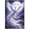 A majestic white bird with glowing wings stands against a bright full moon in a starry night sky.
