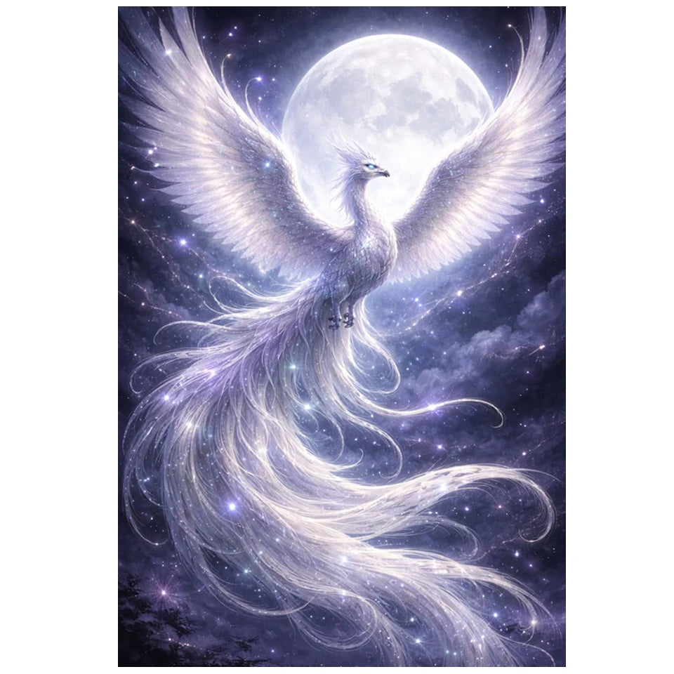 A majestic white bird with glowing wings stands against a bright full moon in a starry night sky.