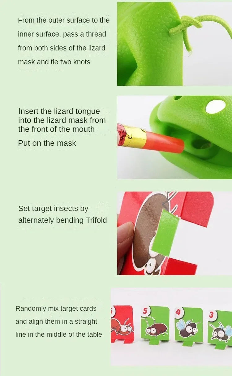 Instructions for a card game involving a lizard mask, tongue, and target insects.