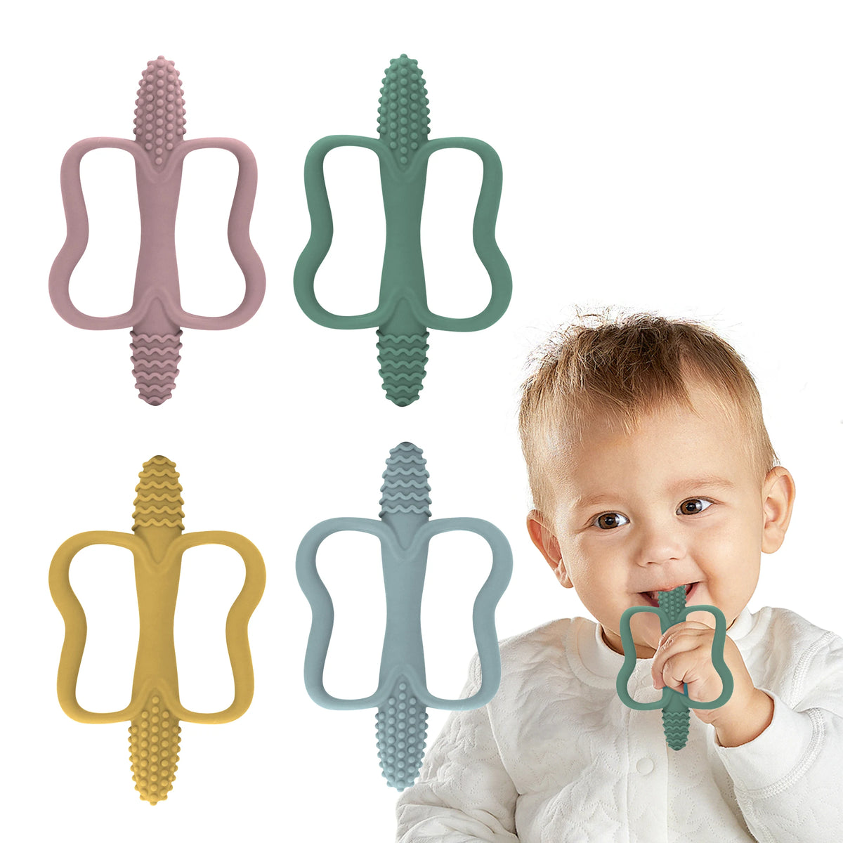 Silicone teething sticks in pink, green, and yellow are shown next to a baby.