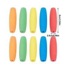 A set of ten foam grip sleeves for tools and utensils in various colors including orange, green, yellow, and blue.